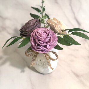 Cream and Purple Sola Wood Flower Arrangement in White Mason Jar, Home Decor